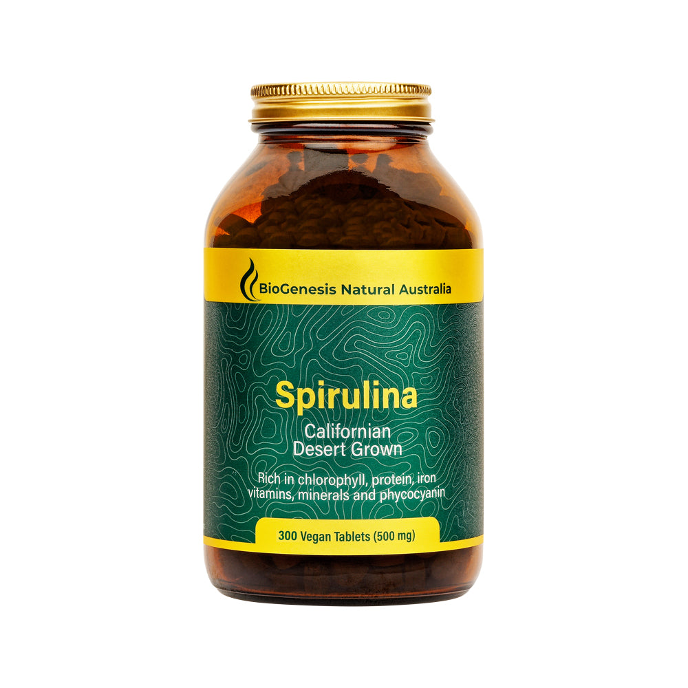 BioGenesis Natural Australia Spirulina Californian Desert Grown Glass 500mg 300 vegan tablets
