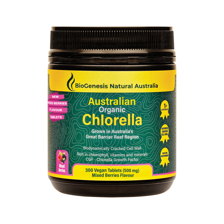 BioGenesis Natural Australia Organic Australian Chlorella Mixed Berries Flavour 500mg 300 Vegan Tablets