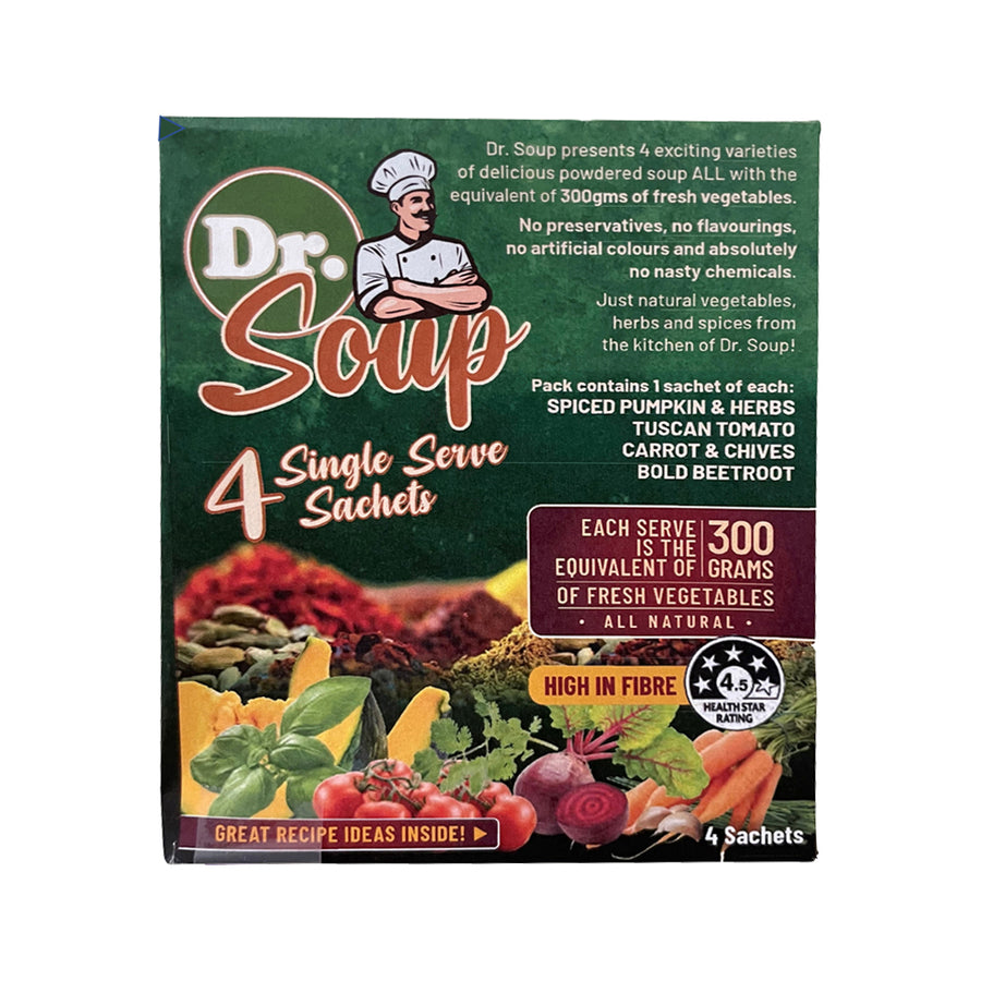 Cell-Logic Dr Soup Mixed Sachets (4 Flavours) 30g x 4 Pack (contains: 1 each of Spiced Pumpkin & Herbs, Tuscan Tomato, Carrot & Chives and Bold Beetroot)
