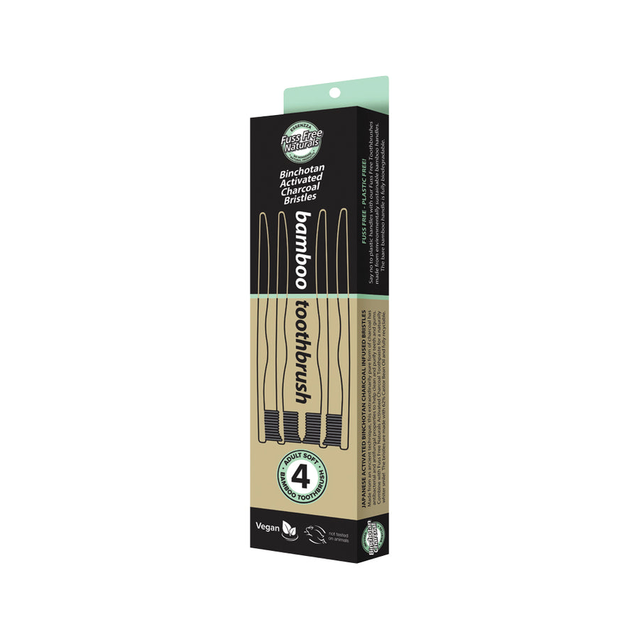 Essenzza Fuss Free Naturals Binchotan Activated Charcoal Bristles Bamboo Toothbrush 4 Pieces