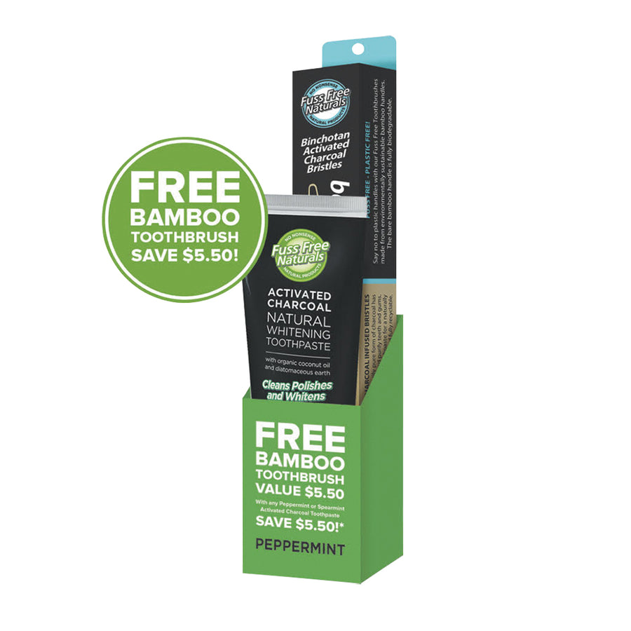 Essenzza Fuss Free Toothpaste Activ Charcoal Peppermint 113g BONUS Bamboo Toothbrush EACH