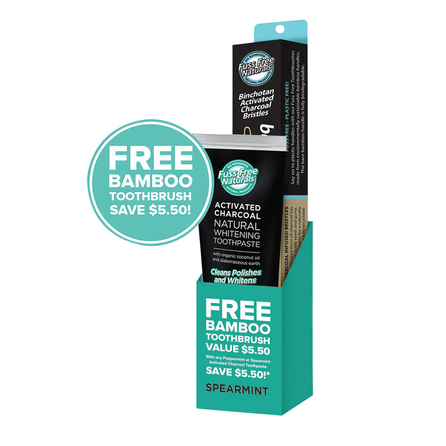 Essenzza Fuss Free Toothpaste Activ Charcoal Spearmint 113g BONUS Bamboo Toothbrush EACH