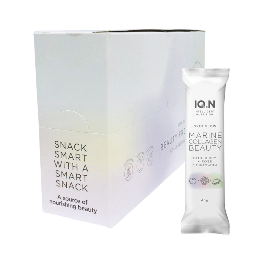 IQ.N Intelligent Nutrition Marine Collagen Beauty Bar (Skin Glow) Blueberry + Rose + Pistachio 45g x 10 Display