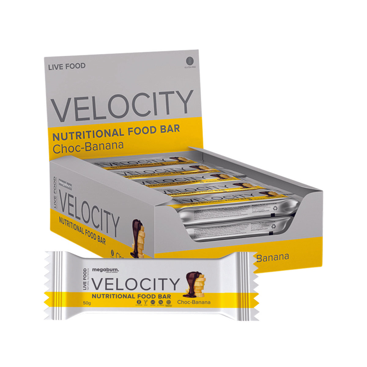 MegaBurn Nutritional Live Food Bar Velocity (Choc-Banana) 50g x 10 Display
