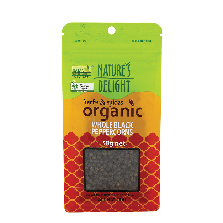 Natures Delight Organic Peppercorns Black Whole 50g