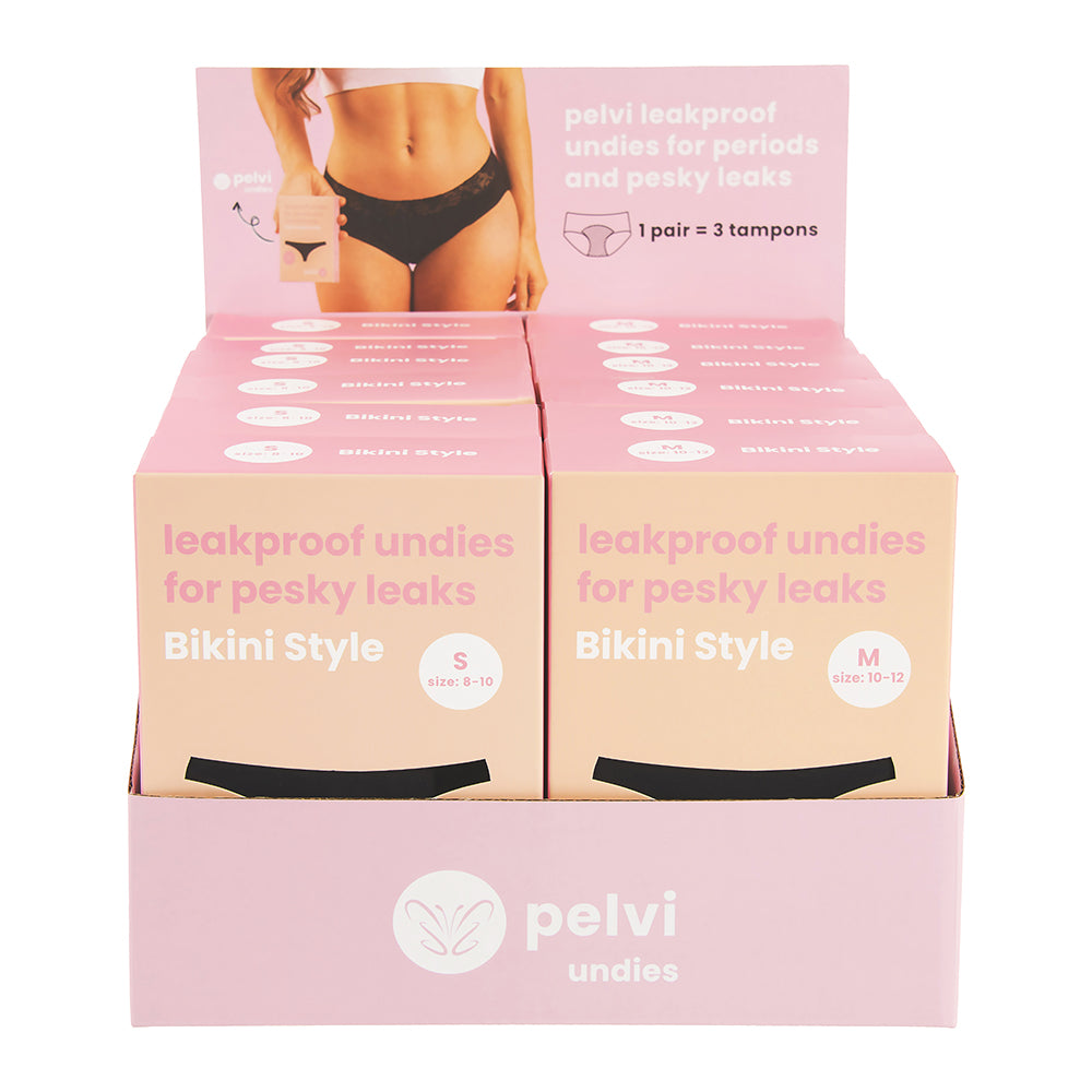 Pelvi Underwear Leakproof Bikini Black Mixed Sizes x 12 Display