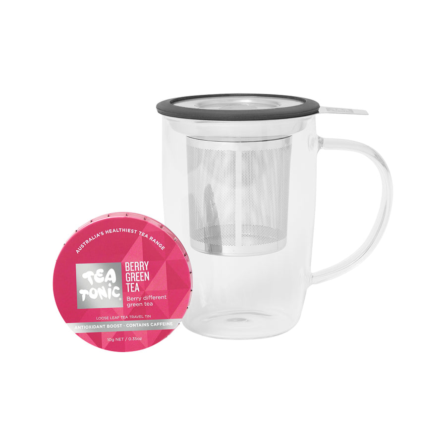 Tea Tonic Glass Tea Mug w Infuser and Berry Green Tea Travel Tin 10g Pack