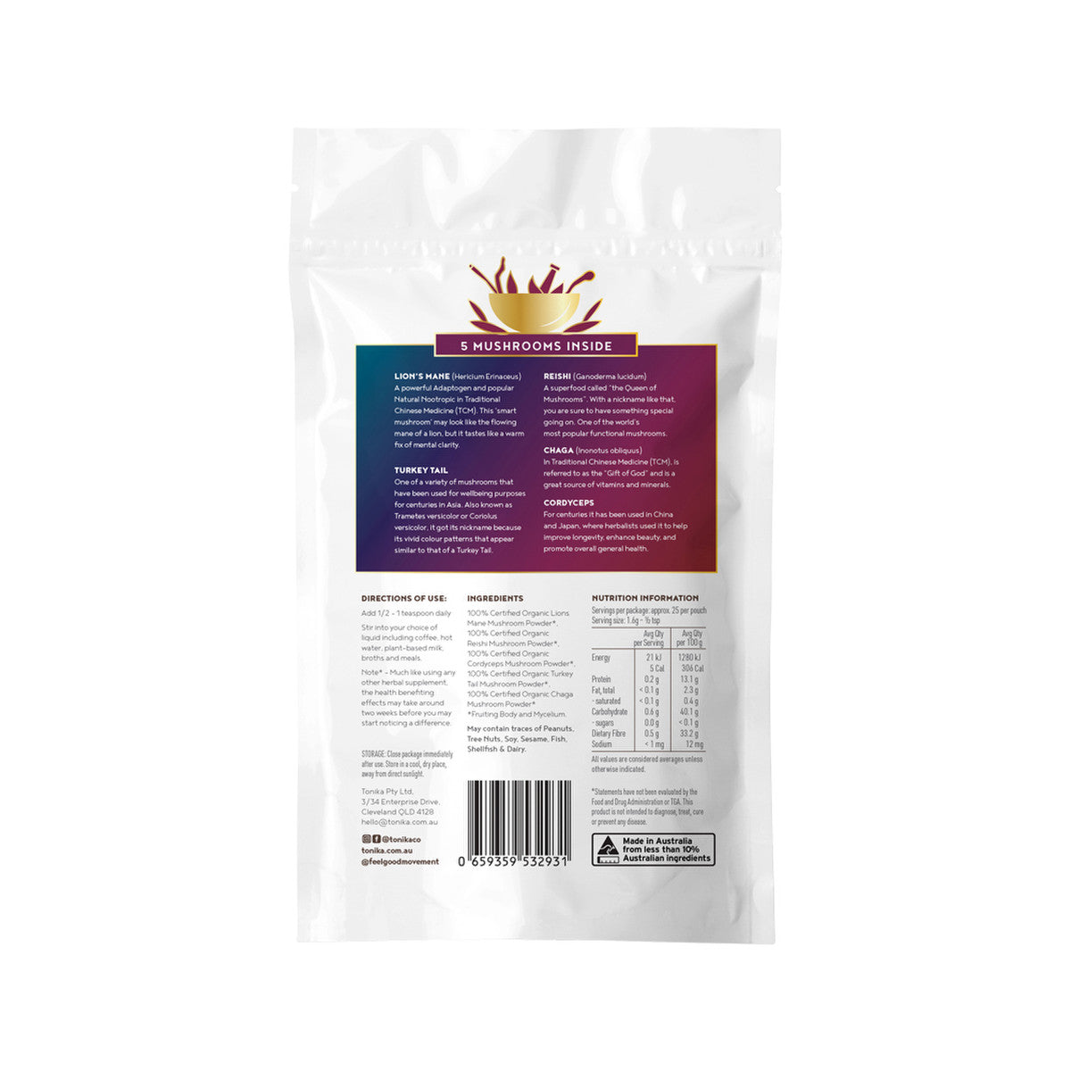 Tonika 100% Organic Mushroom Powder 5 Mushroom Blend 90g