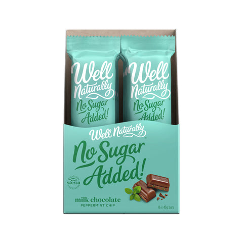 Well Naturally No Added Sugar Bar Milk Chocolate Peppermint Chip 45g x 16 Display